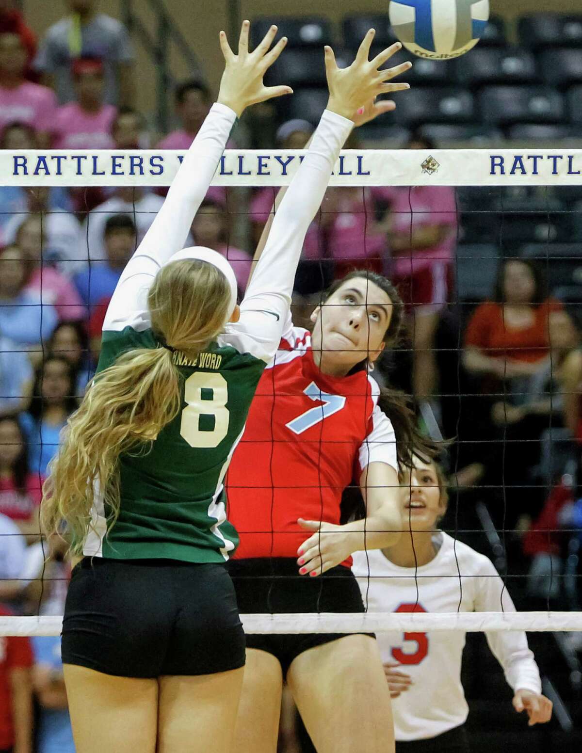 Antonian's Emilie Boren (center) tries to get a shot past Incarnate Word's Alyssa Narendorf as Emily Ramirez looks on during their match at Grehey Arena on Wednesday, Oct. 9, 2013. MARVIN PFEIFFER/ mpfeiffer@express-news.net
