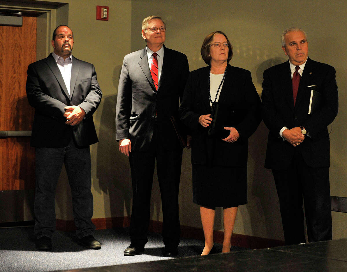 Mayoral candidates from left John Zito, David Martin, Kathleen Murphy and Michael Fedele wait to take the stage before the start of the AARP / UConn Stamford Mayoral Candidate Forum at UConn-Stamford on Thursday, Oct. 10, 2013. The theme for the forum was Livable Communities, Good for All Ages.