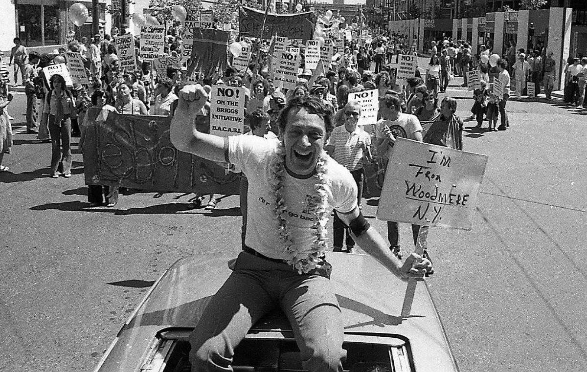 June 25, 1978: Supervisor Harvey Milk leads the pack during the Gay Freedom Day Parade in 1978.