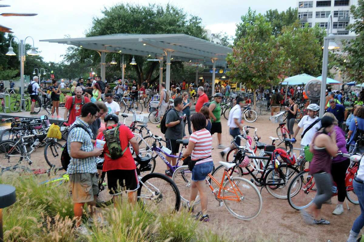 Bikers congregate in Market Square Park downtown before the September Critical Mass bike ride. The event is held montlhy.