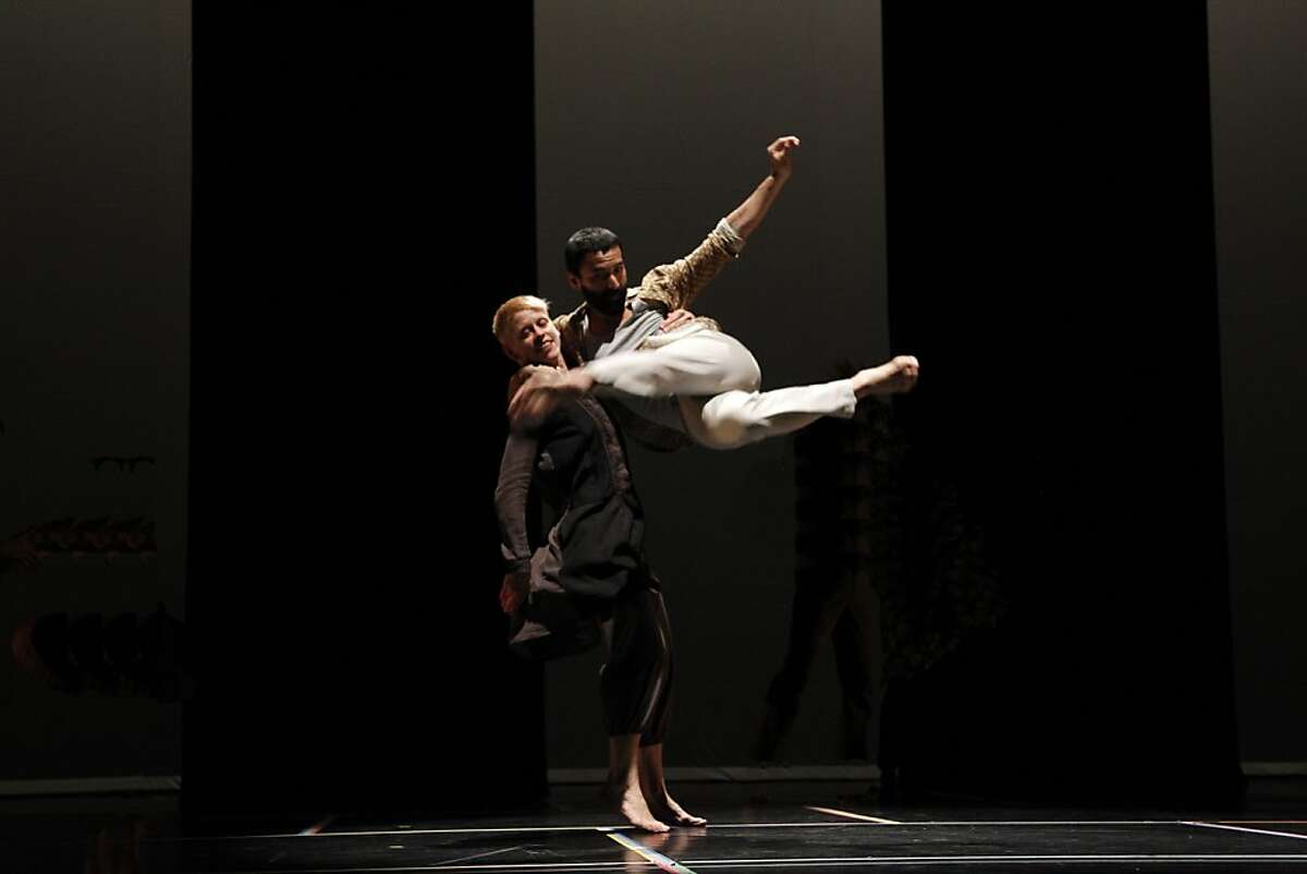 Jennifer Nugent and Erick Montes Chavero of the Bill T. Jones/Arnie Zane Dance Company in "A Rite," a performance piece by Bill T. Jones and Anne Bogart. Photo by Paul B. Goode