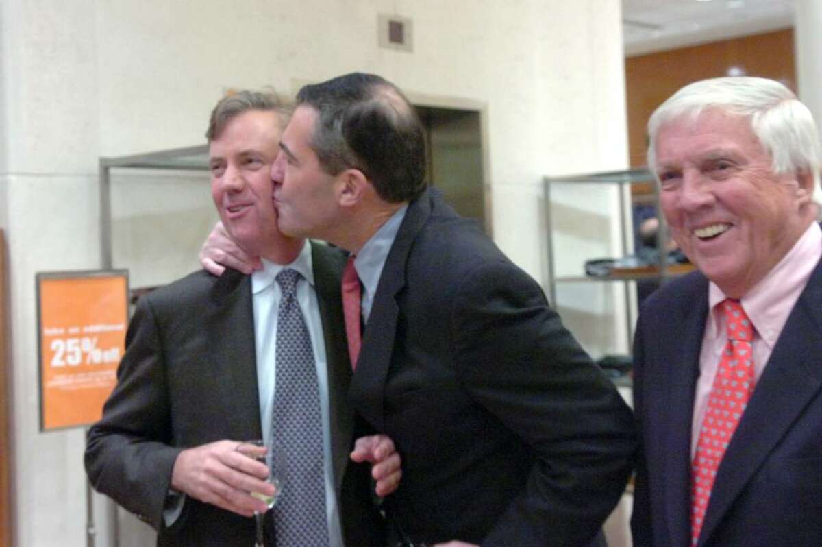 Ed Dadakis gives Ned Lamont a peck on the cheek to the amusement of Malcolm Pray as guests gather to roast former Republican Congressman Christopher Shays at Richards on Greenwich Avenue Wednesday, January 27, 2010. Gov. M. Jodi Rell, state Sen. Scott Frantz, state Reps. Fred Camillo, Livvy Floren and Lile Gibbons, First Selectman Peter Tesei, Lamont, Linda McMahon and Bill Mitchell were all on hand for the evening which benefited SoundWaters, an educational program aimed at protecting Long Island Sound.