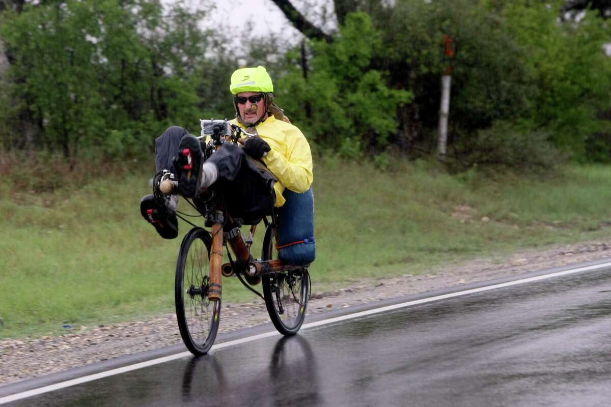 Dug Shelby of California is in the middle of a 5,000-mile bicycle ride across the country to raise awareness about human trafficking. Riding a recumbent bamboo bicycle custom-made in Brazil, Shelby passed through San Antonio before stopping in Kyle for the evening.