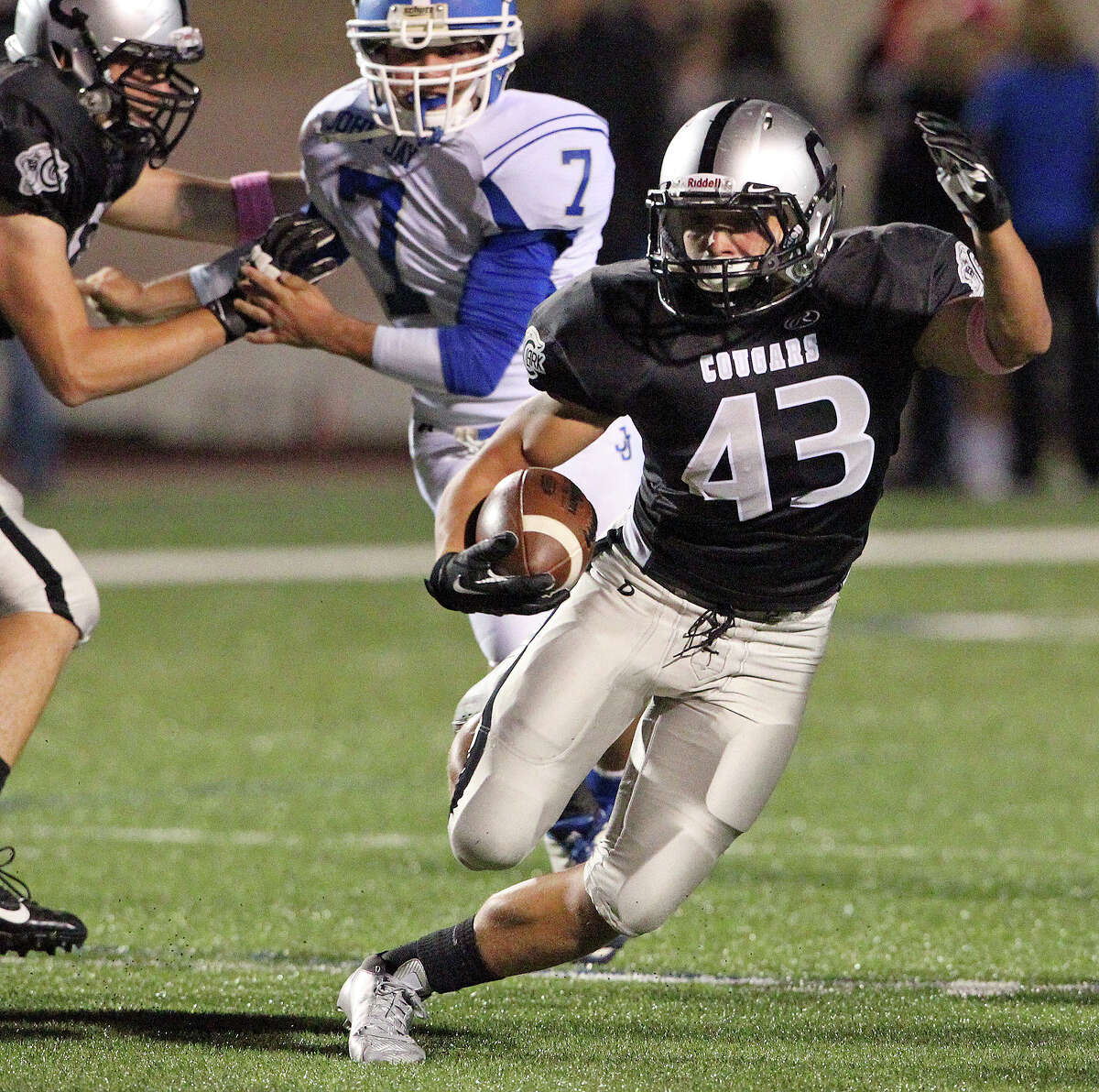 Branden Valle makes a quick cut upfield for the Cougars as Jay plays Clark at Farris Stadium on October 17, 2013.