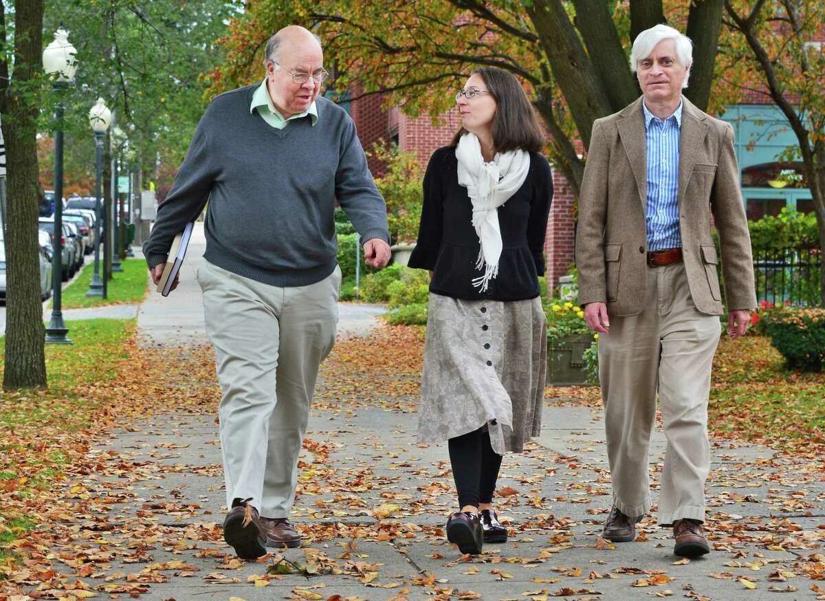 Local authors, from left, Clifford Brown, Rachel Seligman, and David Fiske Wednesday Oct. 16, 2013, on Broadway in Saratoga Springs, NY. They have written a new, full biography of Solomon Northup. (John Carl D'Annibale / Times Union)