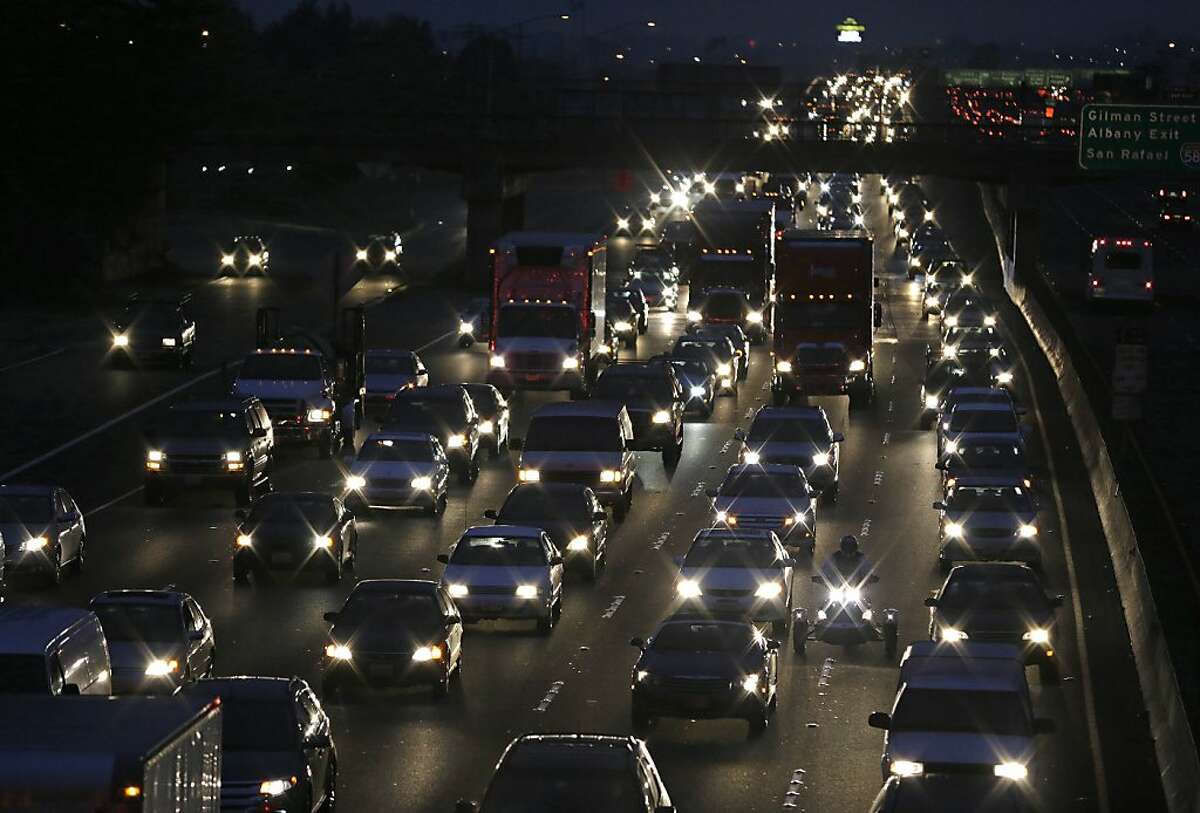 Traffic slows on Interstate 80 leading to the San Francisco-Oakland Bay Bridge during the morning commute.