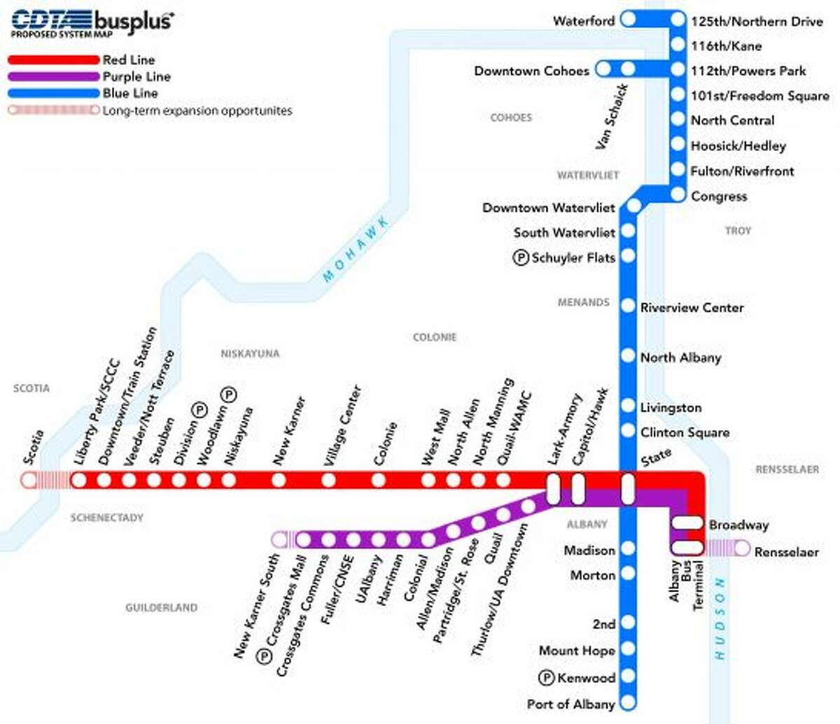 CDTA provided a map of the two new proposed BusPlus rapid transit routes.