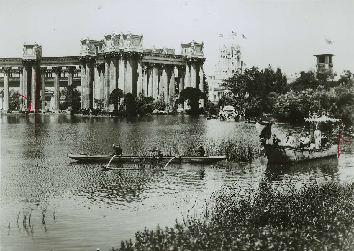 Visitors to the 1915 Panama Pacific Exposition paddling on the lagoon at the Palace of Fine Arts. 150 Anniversary maybe