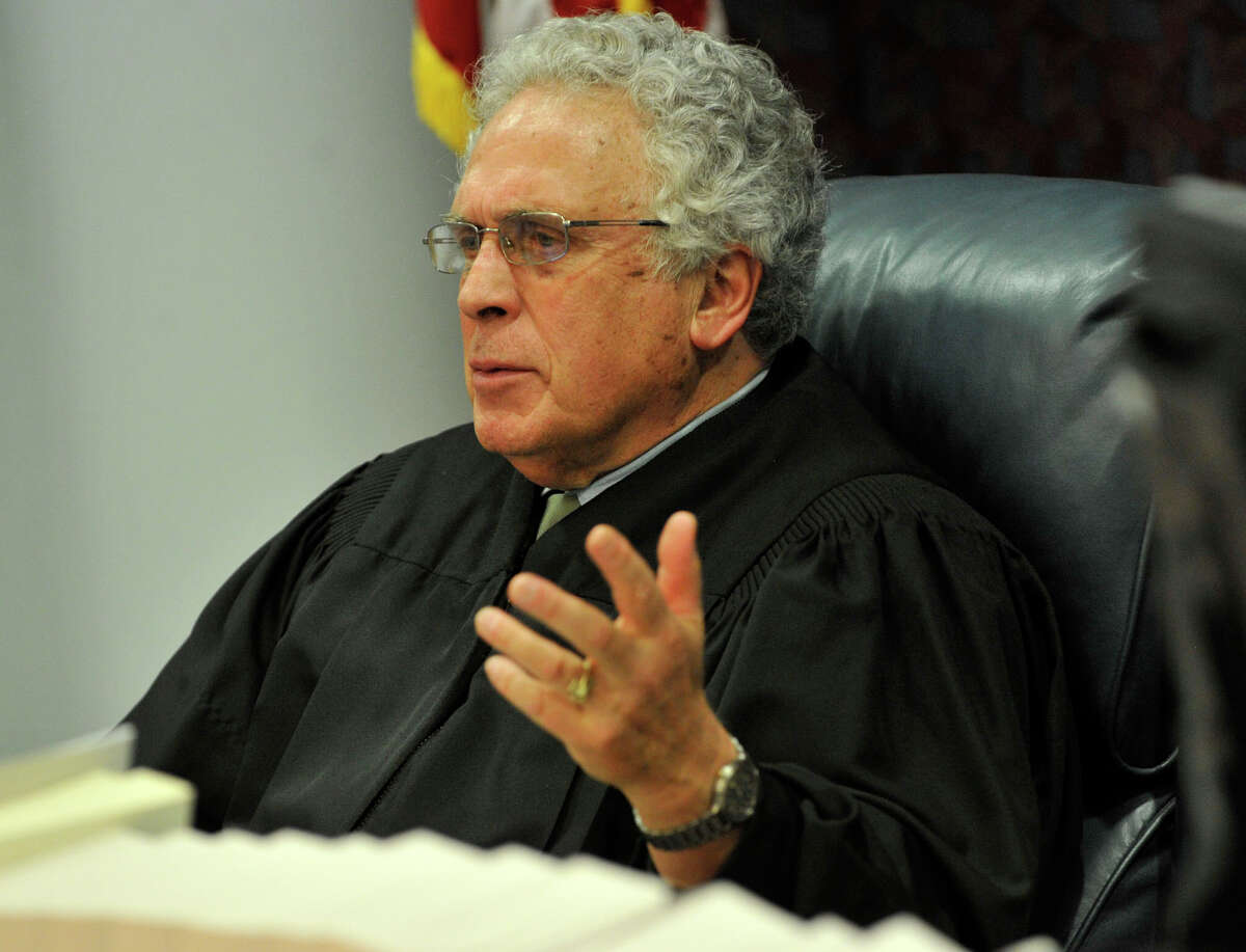 Judge Thomas Bishop speaks to opposing counsel at Michael Skakel's habeas corpus trial at State Superior Court in Vernon, Conn., on Friday, April 26, 2013.