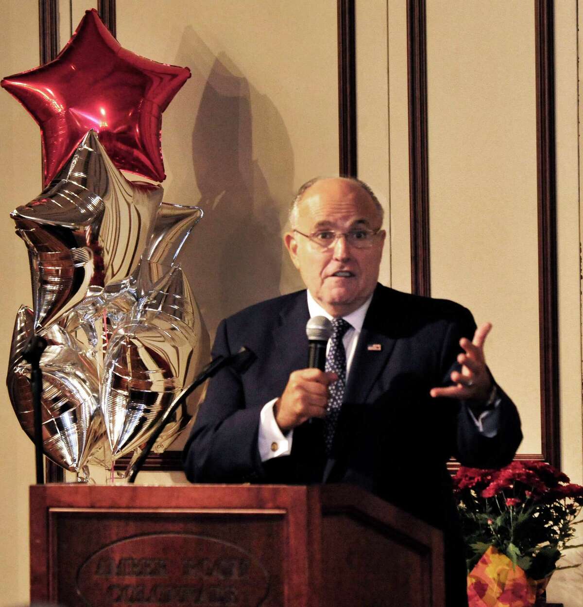 Rudy Giuliani speaks at the Amber Room Colonnade during the Annual Fall Celebrity Breakfast for Catholic Charities of Greater Danbury, in Danbury, Conn. Thursday, Oct. 24, 2013.