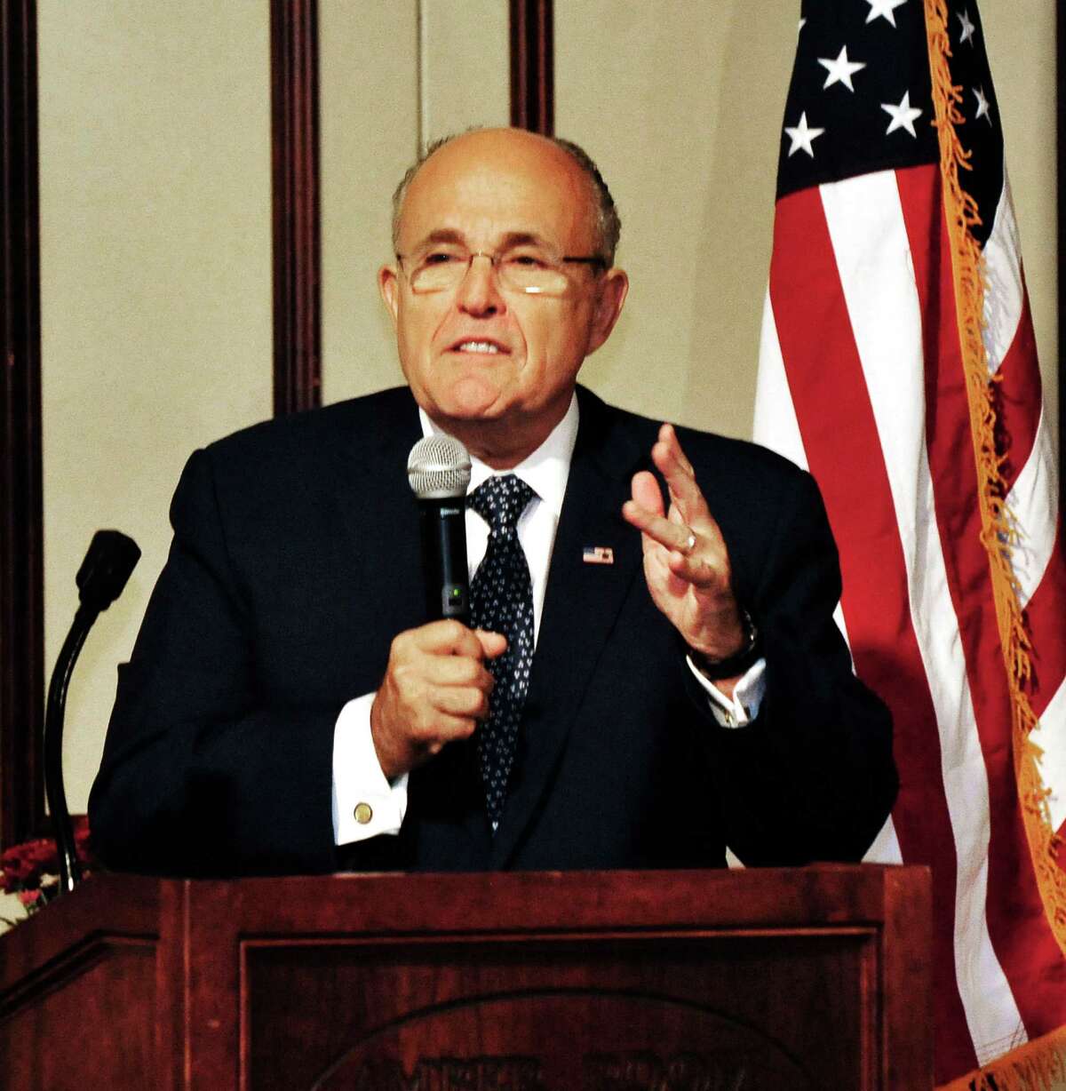 Rudy Giuliani speaks at the Amber Room Colonnade during the Annual Fall Celebrity Breakfast for Catholic Charities of Greater Danbury, in Danbury, Conn. Thursday, Oct. 24, 2013.