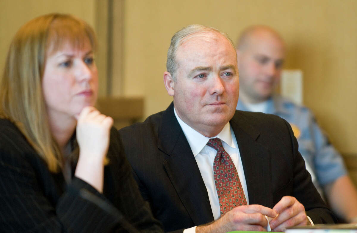 Michael Skakel, right, and attorney Hope Seeley, left, during a hearing at state Superior Court in Stamford, Conn. on Monday, April 23, 2007 to determine if Michael Skakel can get a new trial in his 2002 conviction for the 1975 murder of Martha Moxley in Greenwich, Conn. /Staff photo