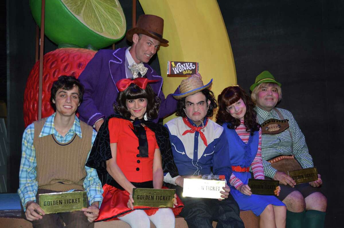 The cast of “Willy Wonka” includes (from left) Anthony Bosmans, Dylan Collins (back), Aimee Stead, Alex Berkowitz, Kacey Griffin and Richard Solis.
