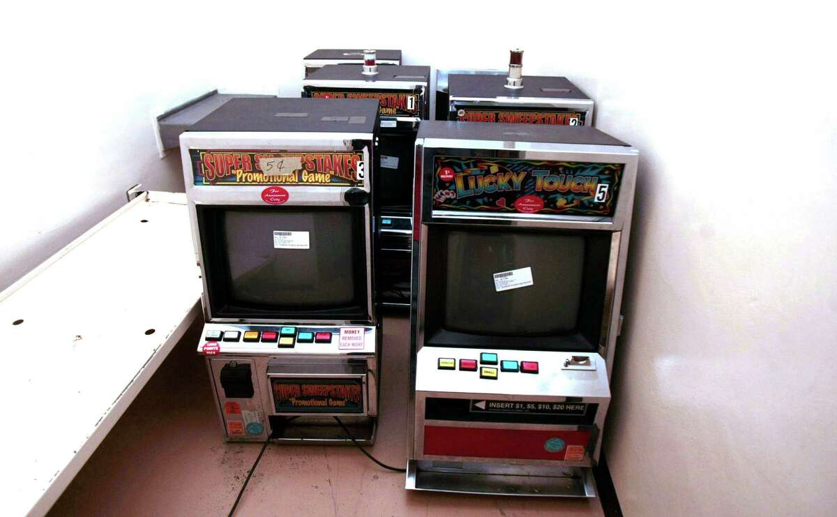 Seized eight-liner machines from game rooms, line the walls of the old Harris County jail at 1301 Franklin in Houston.