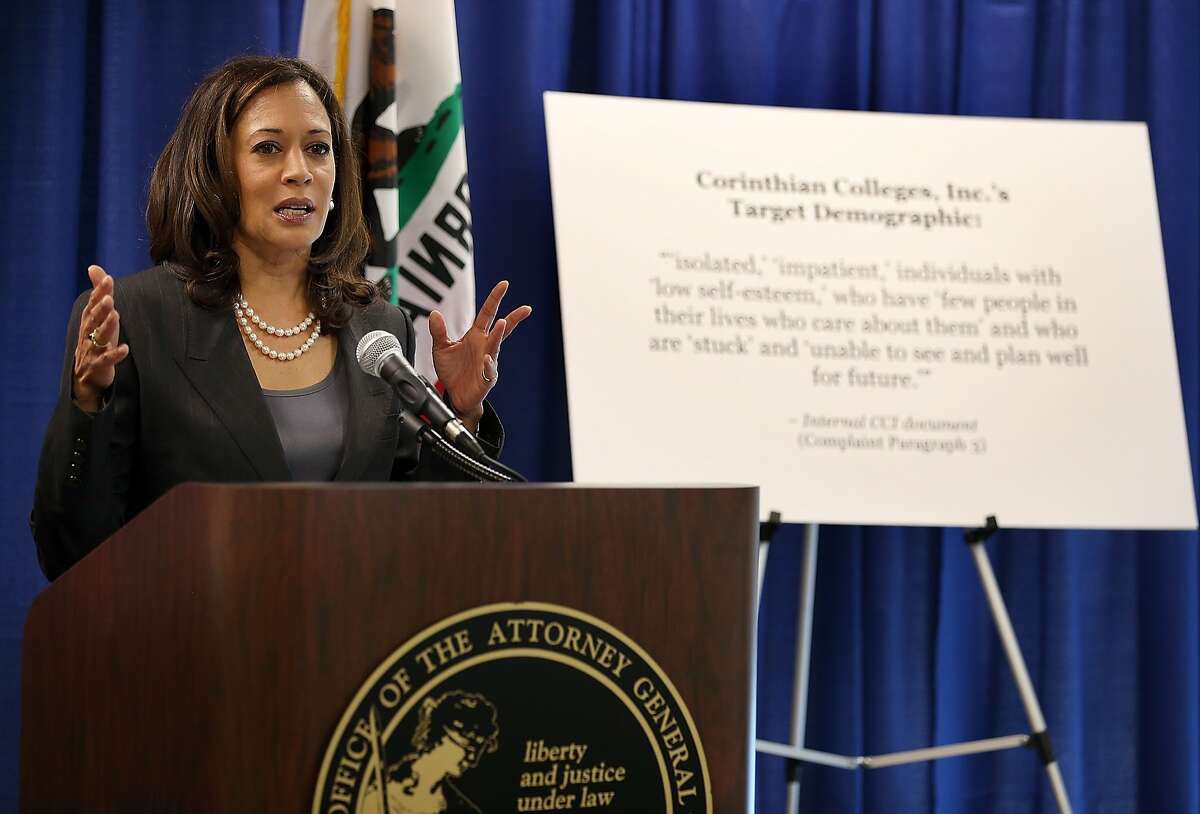 SAN FRANCISCO, CA - OCTOBER 10: California Attorney General Kamala Harris speaks during a news conference on October 10, 2013 in San Francisco, California. Harris announced the filing of a lawsuit against the for-profit Corinthian Colleges and its subsidiaries for alleged false advertising, securities fraud, intentional misrepresentations to students and the unlawful use of military insignias in advertisements. Santa Ana, California-based Corinthian Colleges operates 111 total campuses in North America with 24 Heald, Everest and WyoTech colleges in California that have an estimated 27,000 students. (Photo by Justin Sullivan/Getty Images)