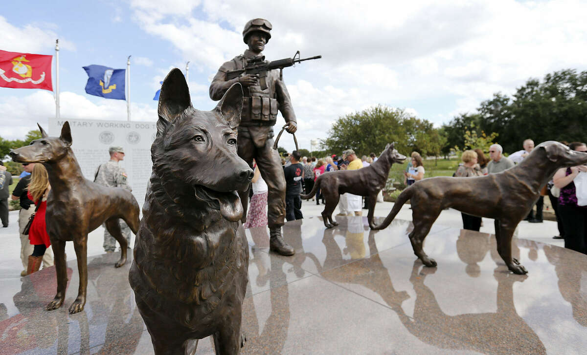 Statues of four military dog breeds are featured at the U.S. Military Working Dog Teams National Monument.