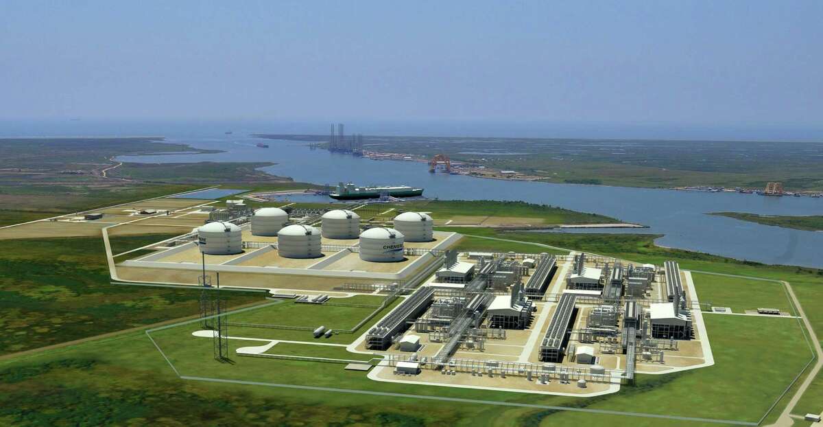 A rendering shows the natural gas liquefaction and export complex Cheniere Energy Partners is adding to its existing import terminal near Sabine Pass in Cameron County, La. Construction has begun on two of the four liquefaction trains in the foreground on the right, with construction on the two others slated to begin next year. (Cheniere Energy Partners)