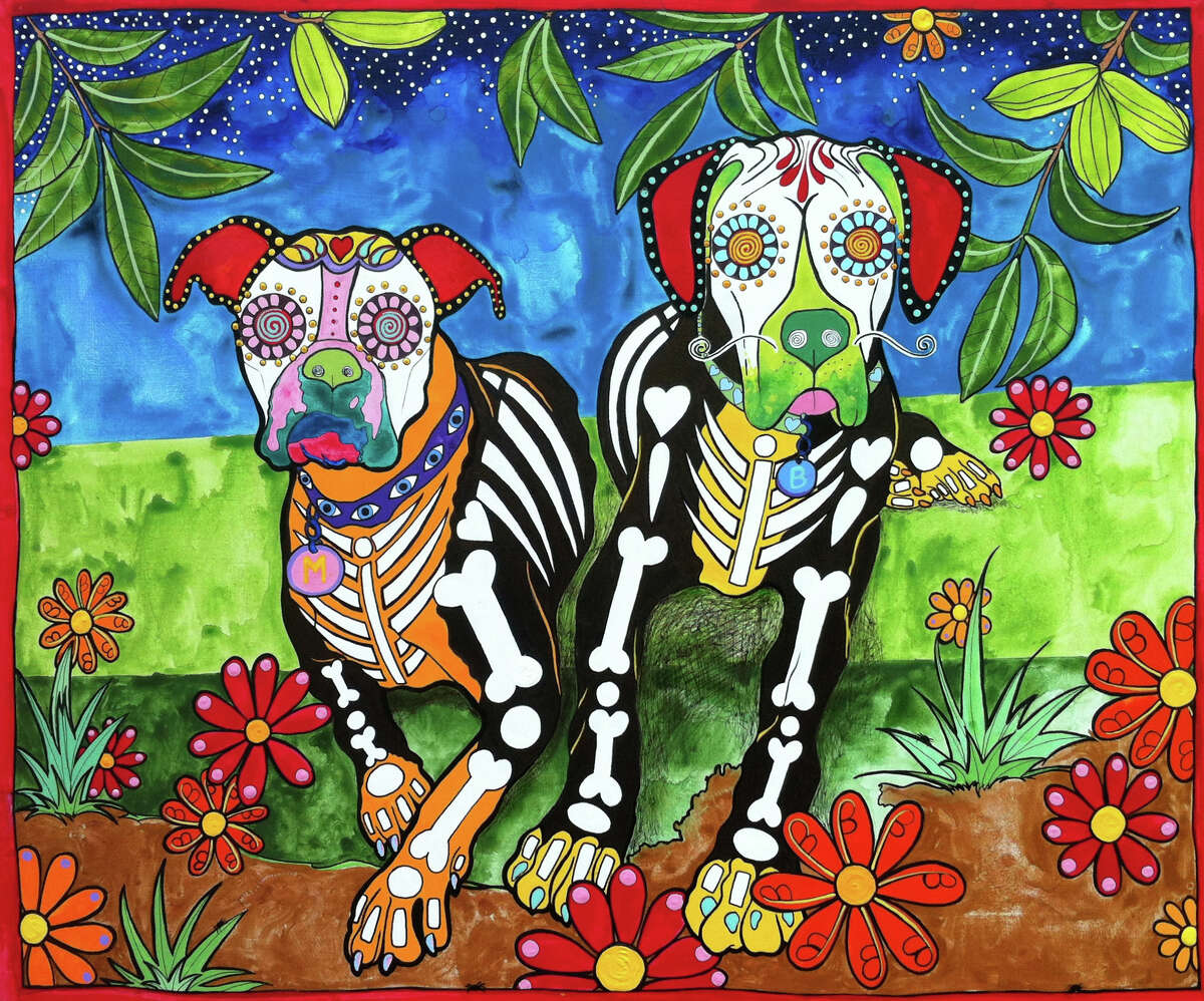 "Maggie and Brutus, the Boxers" by San Antonio-based artist Robin Arthur of RobiniArt, who does pet portraits inspired by el Día de los Muertos.