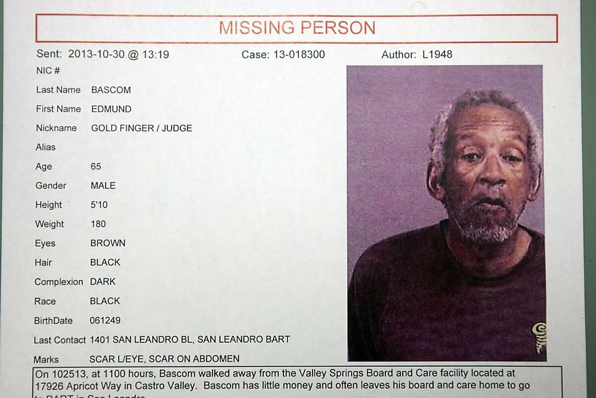 A missing person's report put out by the Alameda Sheriff's Department for Edmund Bascom, who is missing from the Valley Springs Manor care facility in Castro Valley,is seen during a press conference at the Alameda County Sheriff?•s Youth and Family Services Bureau in San Leandro, CA Wednesday, October 30, 2013.