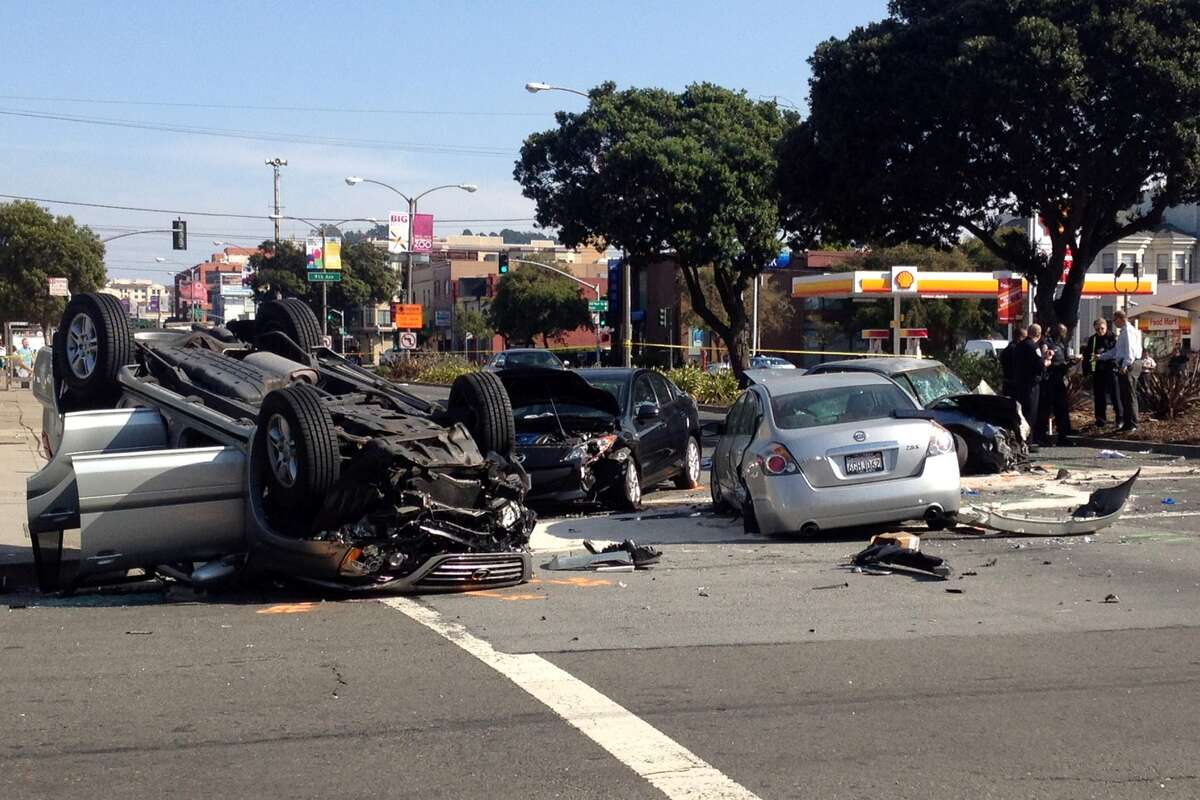 A stolen Honda Accord triggered a four-car accident when the driver ran a red light at 10th Avenue and Geary Boulevard, police say.