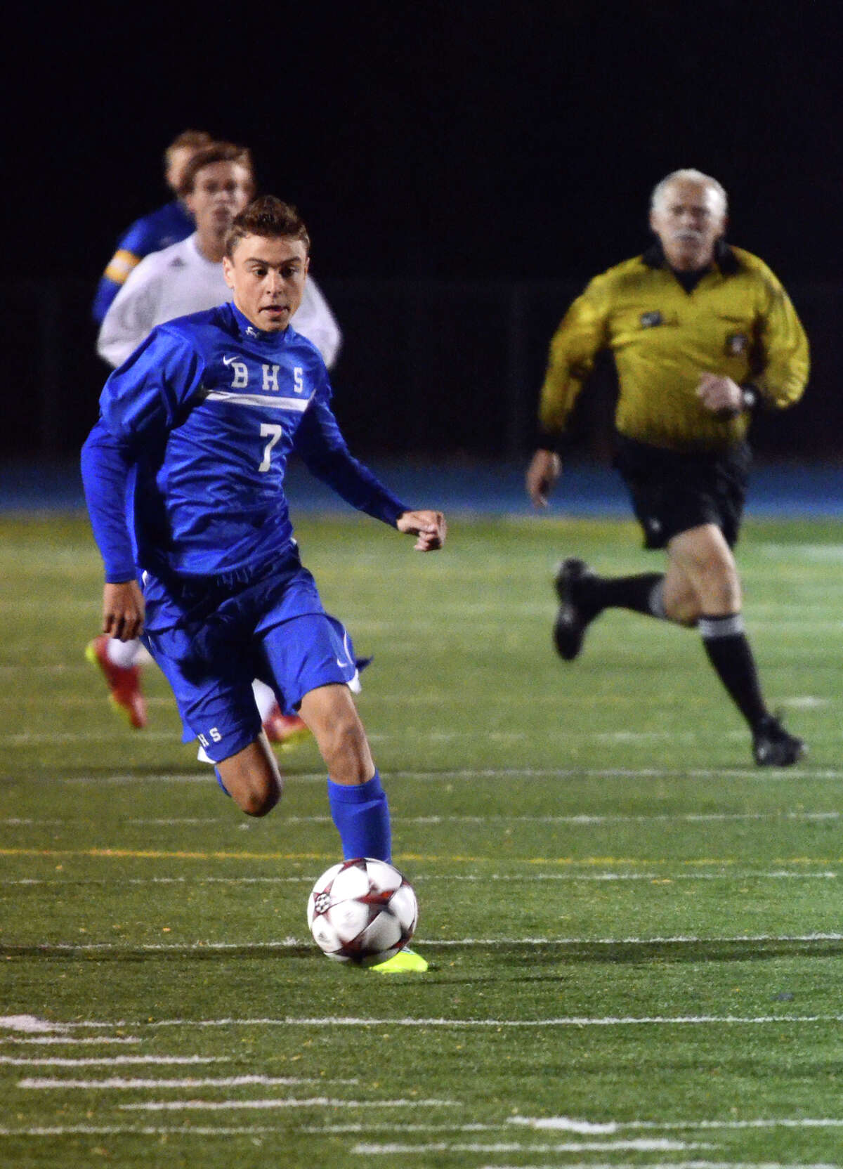 Brookfield's Austin DaSilva (7) controls the ball during the SWC boys soccer final against Newtown at Bunnell High School in Stratford, Conn. on Wednesday, Oct. 30, 2013.