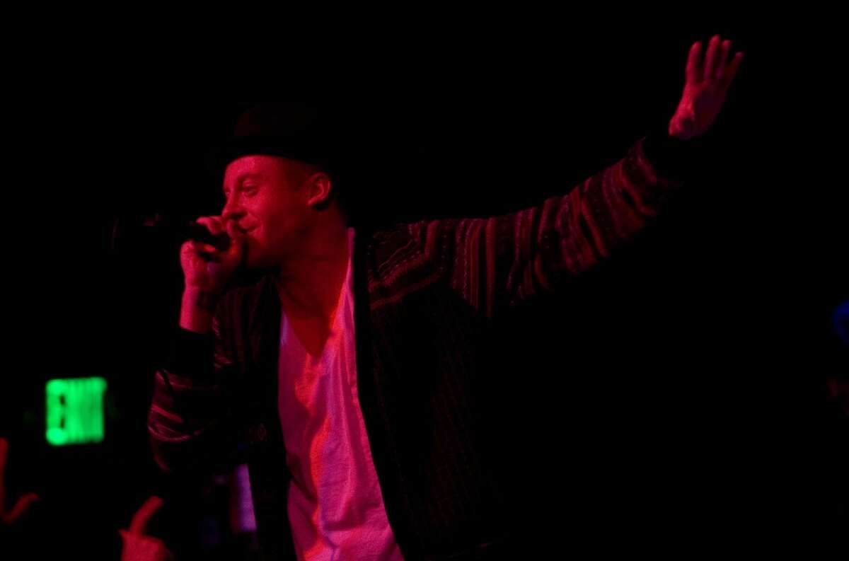 Seattle hip-hop artist Macklemore and his DJ Ryan Lewis performing at Showbox at the Market on March 28, 2010 before Blue Scholars.