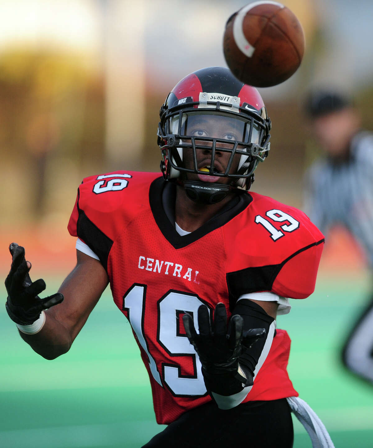 Central's Keyshawn Thomas receives a touchdown pass, during high school football action against Greenwich in Bridgeport, Conn. on Friday November 1, 2013.