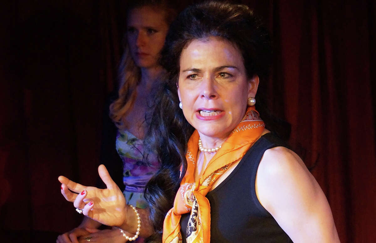 Irene Glezos as Maria Callas, foreground, with one of her students portrayed by Charlotte Munson, in "Master Class" now at Music Theatre of Connecticut in Westport.