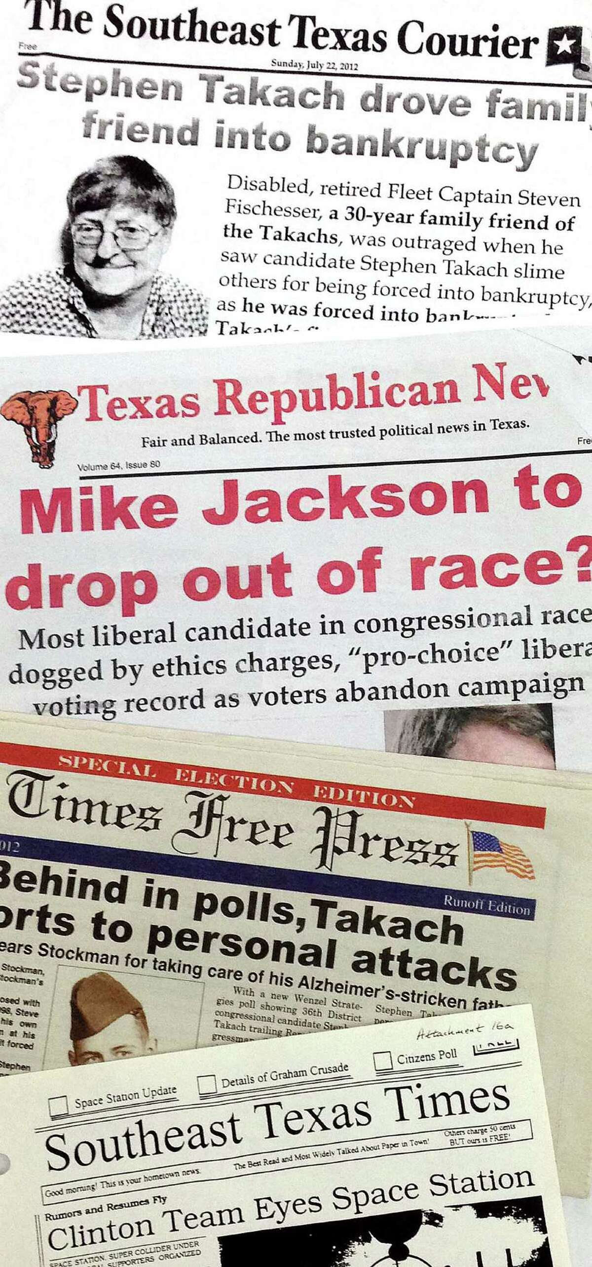 The Stockman campaign sent out about 400,000 "newspapers" in 2012. The newspapers distributed in 2012 were similar to one that was associated with the campaign in the 1990s called the Southeast Texas Times. A copy of the 1990s publication is at the bottom of this photo, samples of others from 2012 are pictured above.