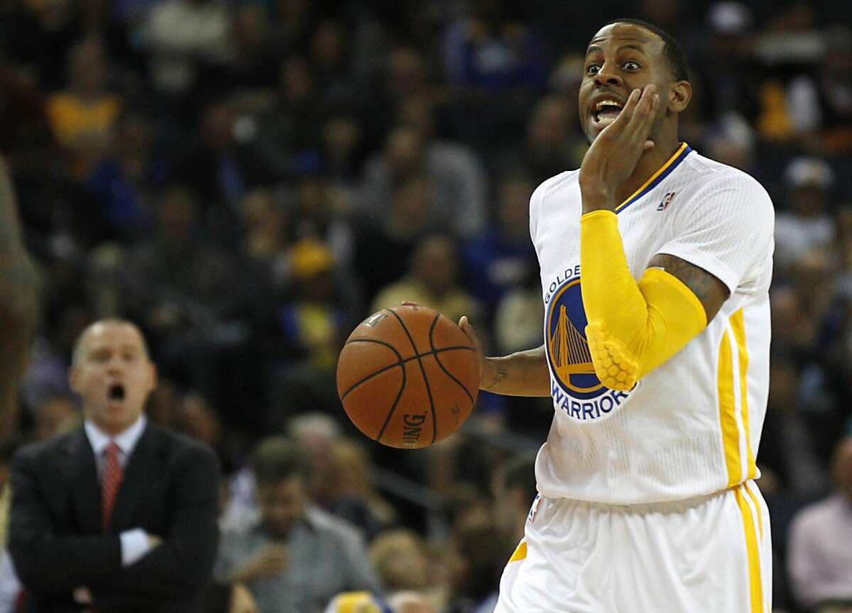 Warriors' Andre Iguodala calls a play as he takes the ball down the court in the first half of the Warriors vs. Kings game November 2, 2013 at the Oracle Arena in Oakland, Calif.