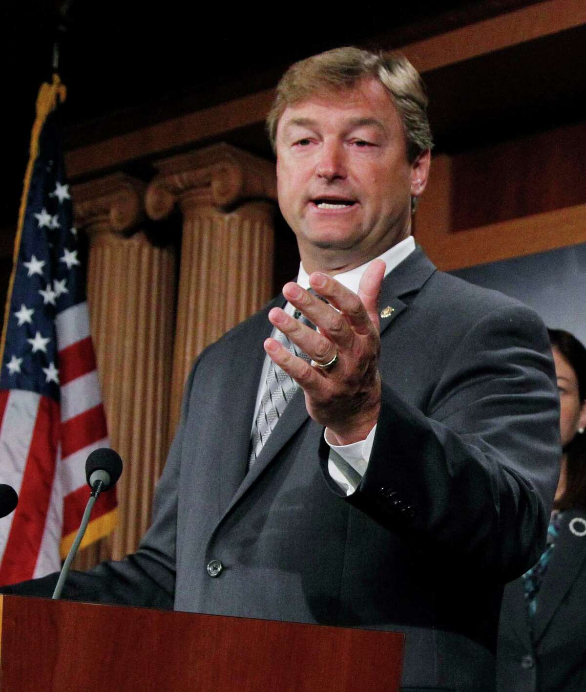 FILE - In this Sept. 8, 2011, file photo, Sen. Dean Heller, R-Nev., speaks during a news conference on Capitol Hill in Washington. Major gay rights legislation is set to clear the first hurdle in the U. S Senate Monday. Republican Sen. Dean Heller of Nevada announced his support on Monday, saying in a statement that the measure âraises the federal standards to match what we have come to expect in Nevada, which is that discrimination must not be tolerated under any circumstance.â (AP Photo/Manuel Balce Ceneta, File)