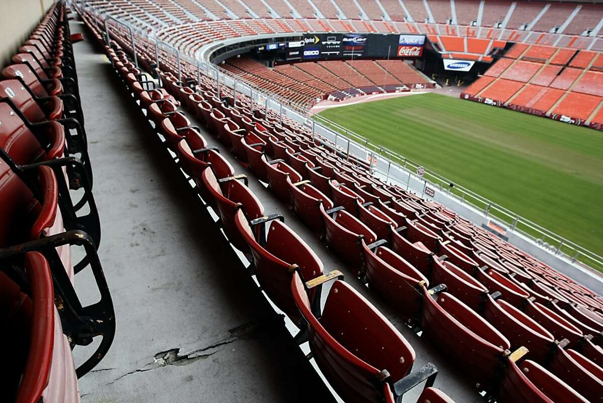 Candlestick Park is showing its age with crumbling cement walkways and rust-stained stadium seats on Tuesday July 7, 2009.