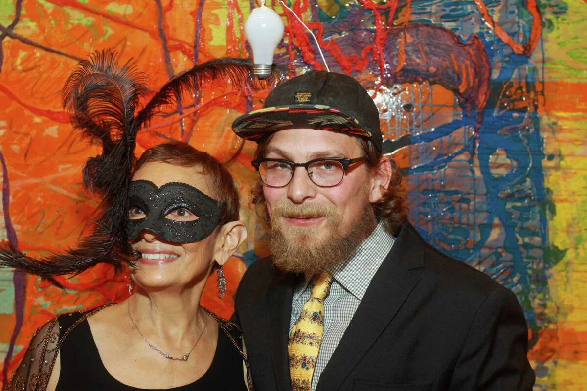 (For the Chronicle/Gary Fountain, October 31, 2013) Maggie Merris, and her son, Matthew Merris at the Contemporary Arts Museum Houston halloween party and opening of their biggest exhibit of the year, "Outside the Lines."