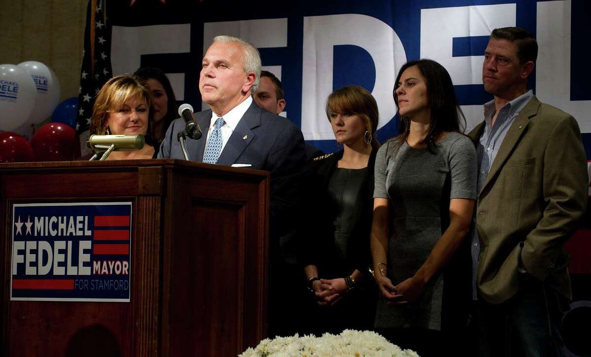 Michael Fedele gives a concession speech to supporters at the Italian Center in Stamford, Conn., on Tuesday, November 5, 2013.