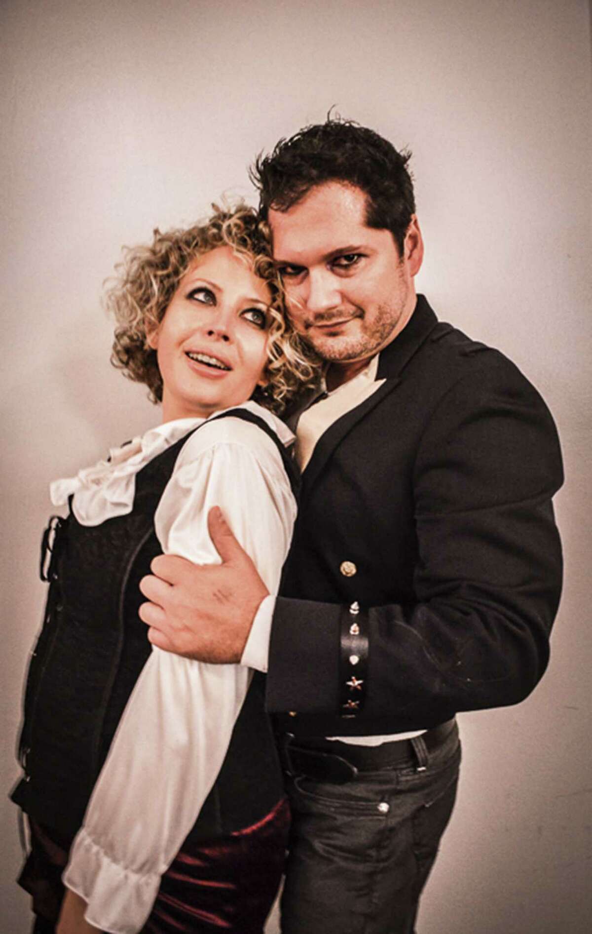 Elise Eversole and Anthony Cortino (who plays Andrew Jackson) star in “Bloody Bloody Andrew Jackson” at the Woodlawn Black Box Theatre.