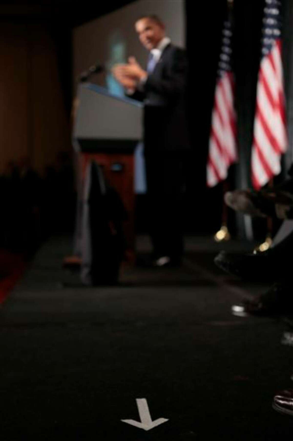 A stage marker is seen as President Barack Obama speaks to Republican lawmakers at the GOP House Issues Conference in Baltimore., Friday, Jan. 29, 2010. (AP Photo/Charles Dharapak)