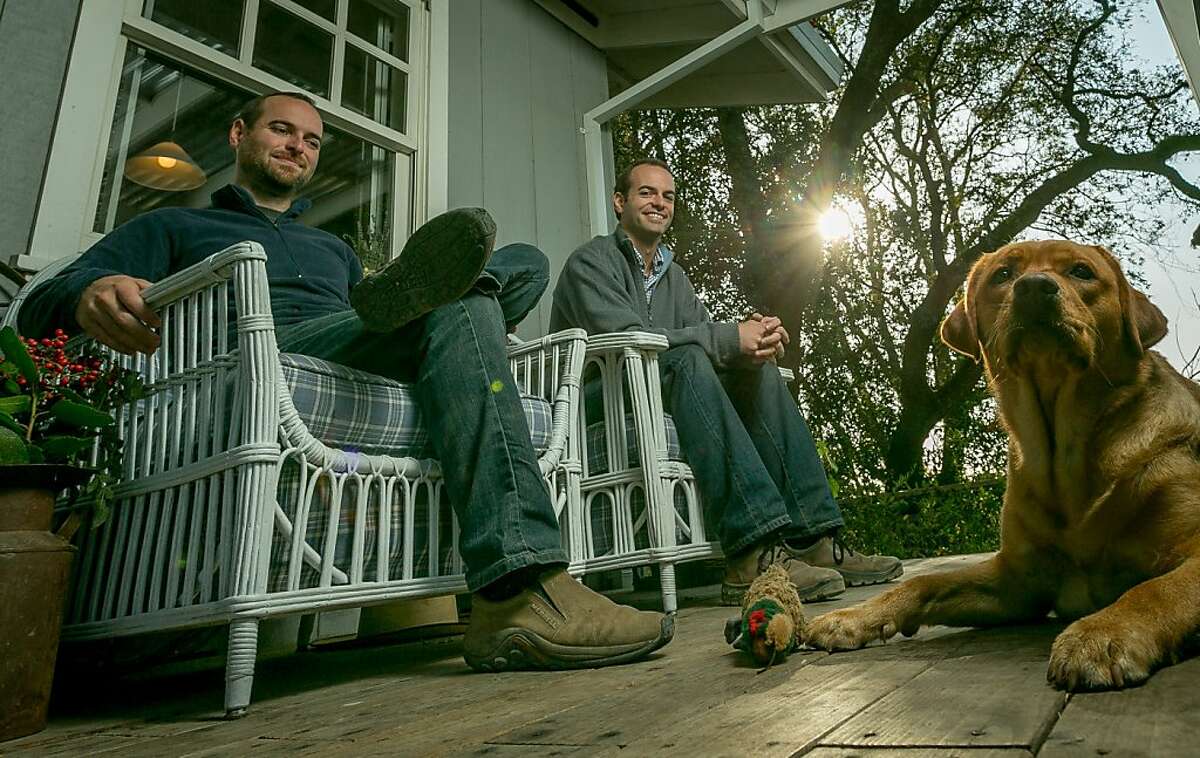 Graeme, (beard), and Alex MacDonald with their dog, Honeybee in Oakville, Calif. on Wednesday, October 30th, 2013.