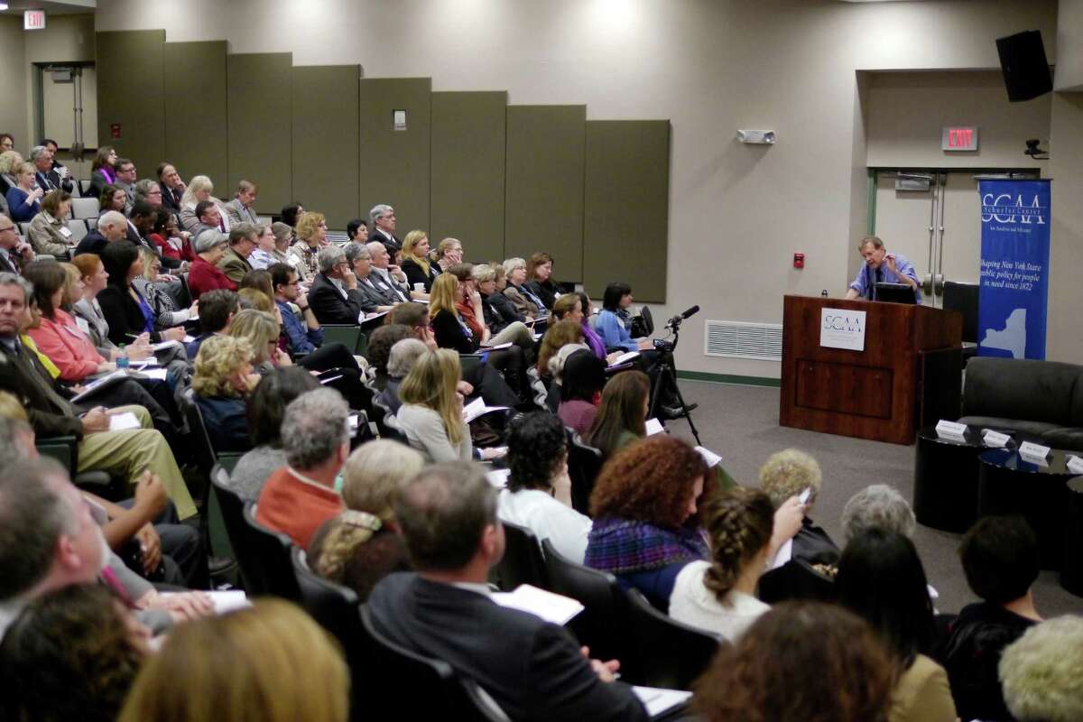 Author Jonathan Kozol addresses those gathered at a conference put on by the Schuyler Center for Analysis and Advocacy on Thursday, Nov. 7, 2013 in Albany, NY. (Paul Buckowski / Times Union)