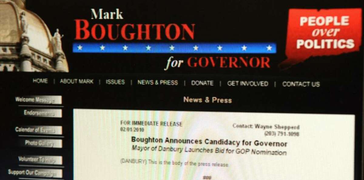 Danbury Mayor Mark Boughton's website displaying his intentions to run for Governor of Connecticut, which he will be announcing on Monday. The website announcement was down on Friday afternoon.