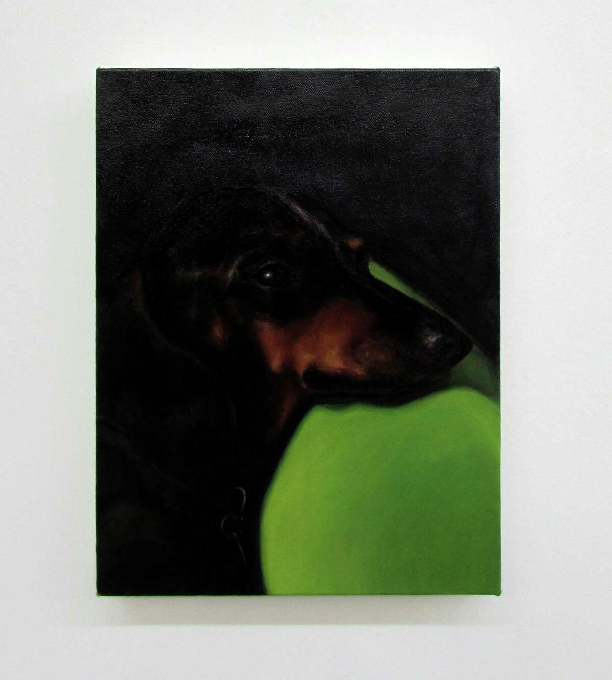 Raychael Stine's "Berthilde" echoes classical dog portraiture, a contrast to other works in the exhibit."
