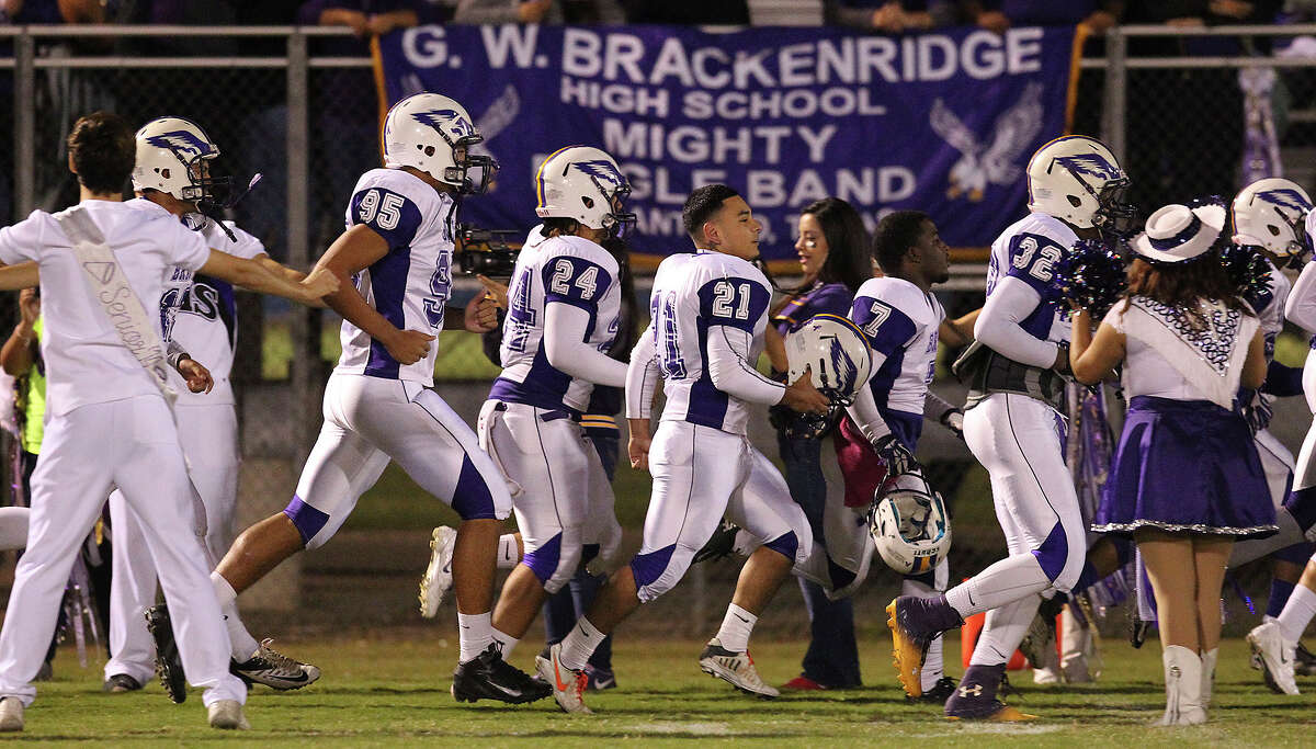 The Brackenridge Eagles take the field for their game against Highlands at SAISD Spring Sports Complex on Friday, Nov. 8, 2013.