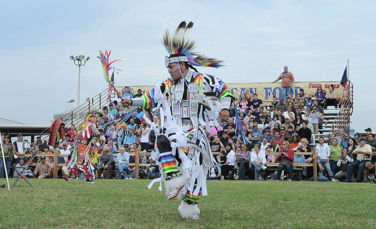 Marty Thurman from Shawnee, Oklahoma performs as a "grass dancer" during the 24th Annual Texas Championship Pow Wow dance competition at Traders Village.