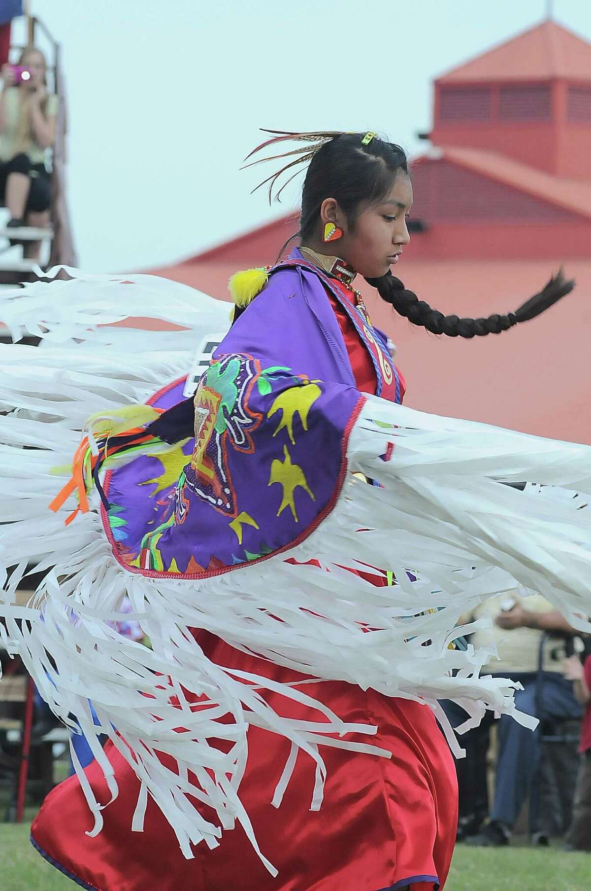 Alexis Gaines (15) from South Grand Prairie, Texas performs during the 24th Annual Texas Championship Pow Wow dance competition at Traders Village.