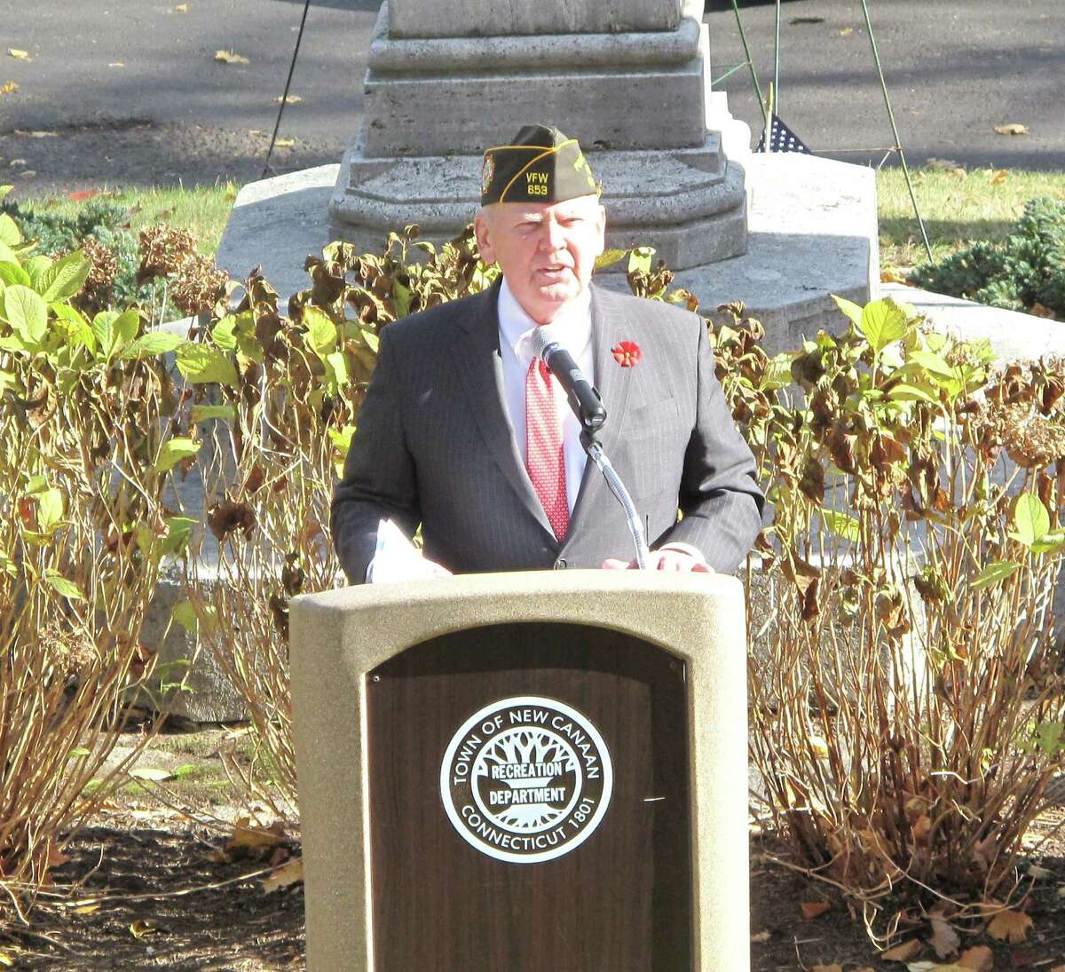 New Canaan Veterans of Foreign Wars Commander Peter Langenus officiated the town's Veterans Day ceremony. Nov. 11, 2013, New Canaan, Conn.
