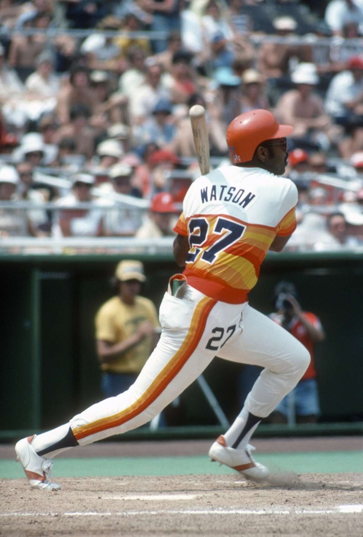 Bob Watson #27 of the Houston Astros bats against the Philadelphia Phillies during an Major League Baseball game circa 1978 at Veteran Stadium in Philadelphia, Pennsylvania. Watson played for the Astros from 1966-79.