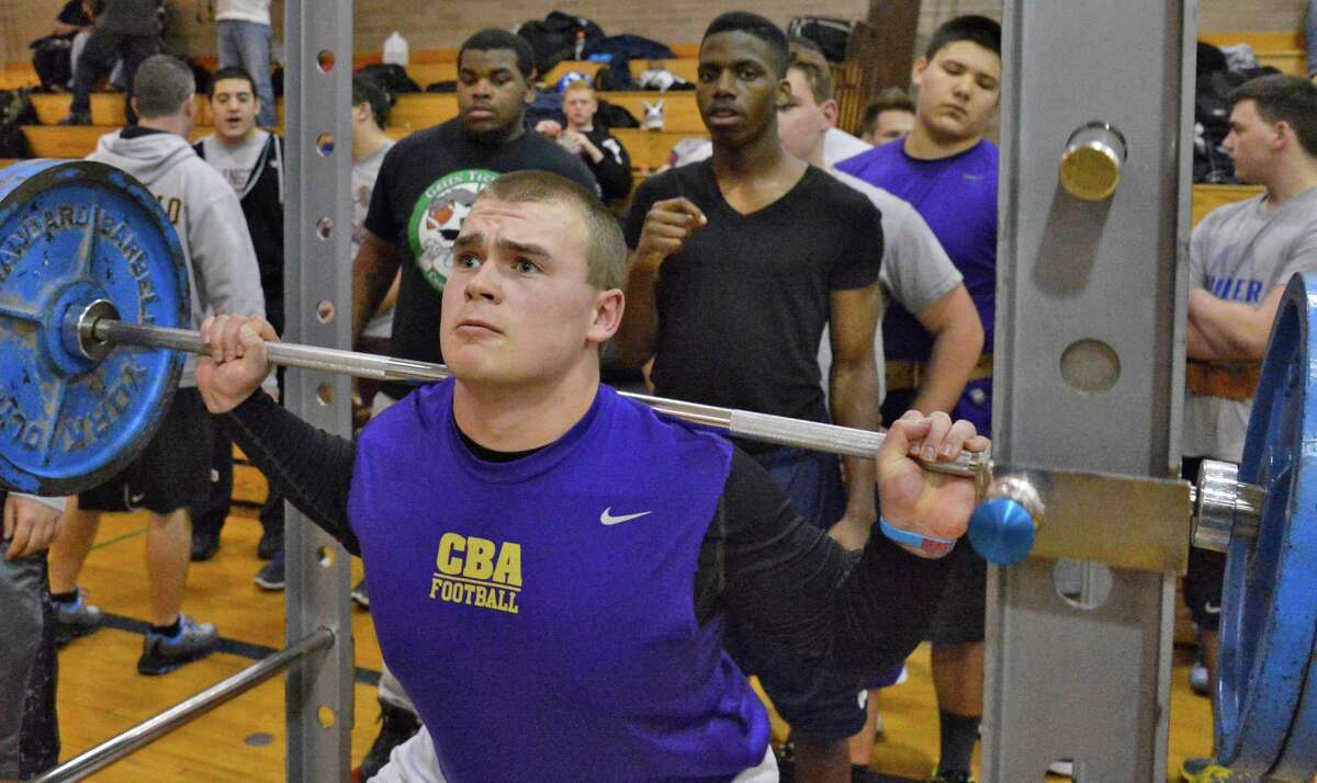 CBA's Max Anthony, 16, warms up for the Top Form Drug-Supplement Free Lift-Off at Shaker High in Colonie Friday March 1, 2013. The Lift-off showcases the benefits of Drug-Supplement Free fitness during student-athlete?s off-season. Several local schools and over 400 boy and girl student-athletes come together in a friendly competition showing off their new strength and fitness levels. (John Carl D'Annibale / Times Union)