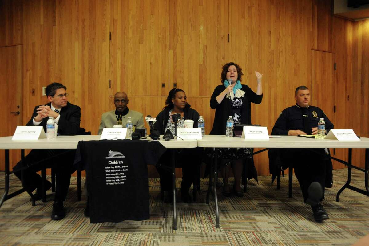 Left to right, Larry Spring, Schenectady School superintendent, LeRoy Fogle, ceo, Rainbow Youth Services, Latasha Manning, a parent, Robyn King, mental health councilor, and Brian Kilcullen, Schenectady Police Chief, take part in a panel discussion on bullying at the Schenectady Public Library on Wednesday Nov. 13, 2013 in Schenectady, N.Y. (Michael P. Farrell/Times Union)