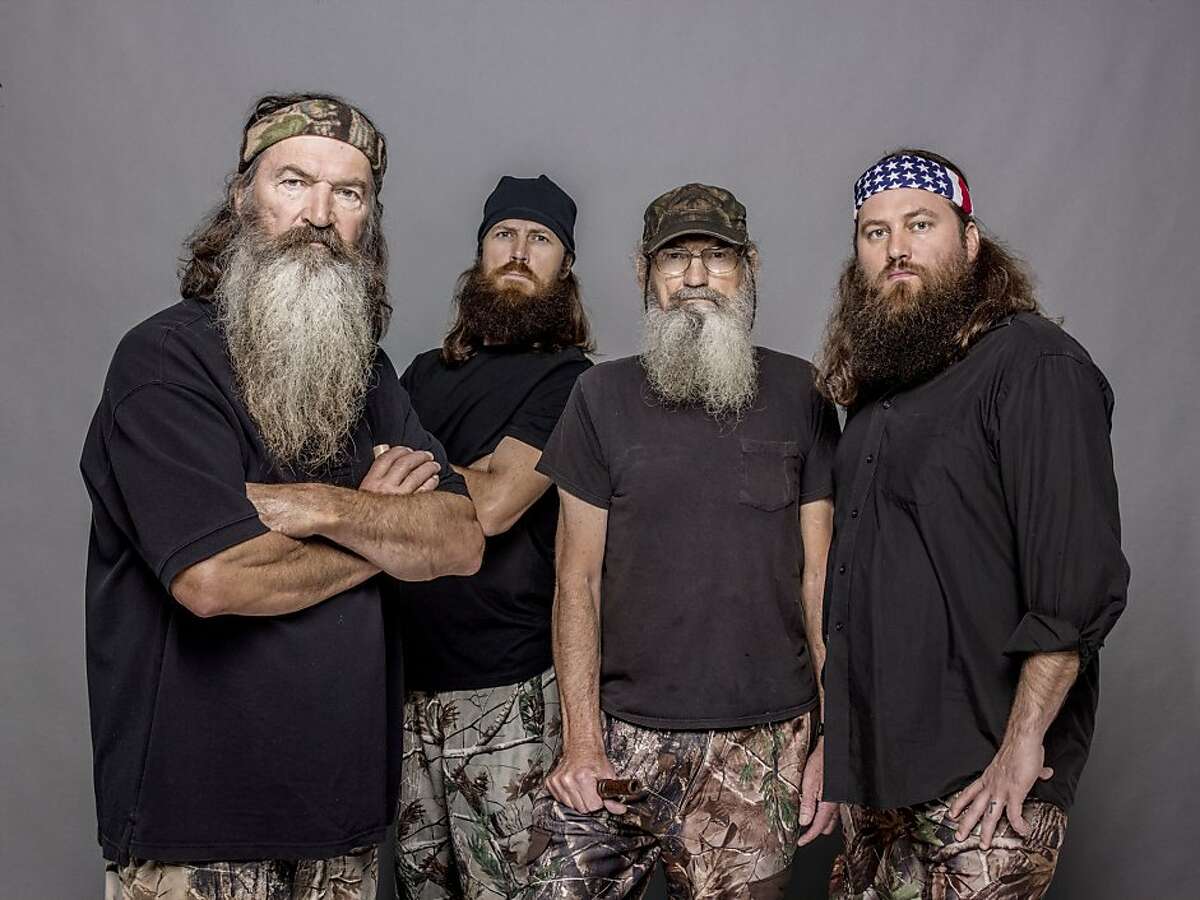 This 2012 photo released by A&E shows, from left, Phil Robertson, Jase Robertson, Si Robertson and Willie Robertson from the A&E series, "Duck Dynasty," airing Wednesdays at 10 p.m. EST. (AP Photo/A&E, Zach Dilgard)