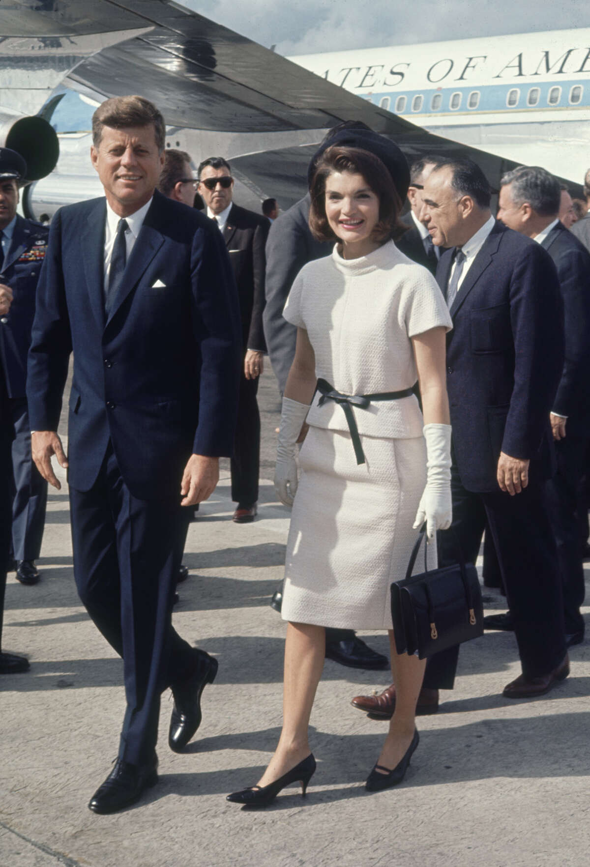 President John F. Kennedy and wife Jacqueline arrive at the San Antonio International Airport on Nov. 21, 1963.