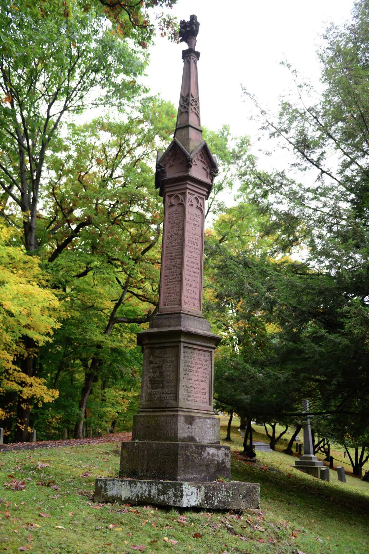 The Bleecker family grave holds Dudley Observatory benefactor Blandina Bleecker Dudley and Anneke Jantz Bogardus, who once owned 62 acres of Manhattan in the Bouwerie. (Will Waldron/Times Union)
